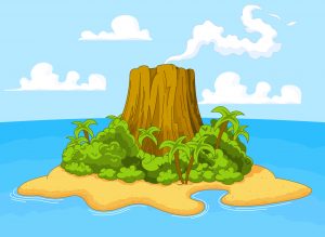 Illustration of volcano on desert island